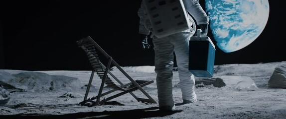 Wall Mural - lunar astronaut walking towards beach chair with refrigerator bag on moon surface, enjoying view of 