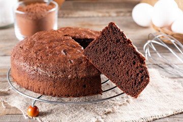 Clasic chocolate sponge cake, selective focus.