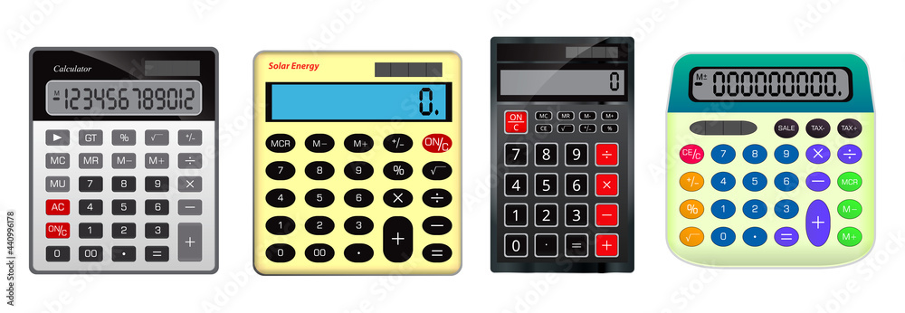set of realistic calculator business accounting isolated or calculator for finance work tool or realistic calculation technology office equipment concept. eps vector