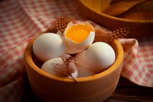 Fresh Eggs In A Plate On A Wooden Background
