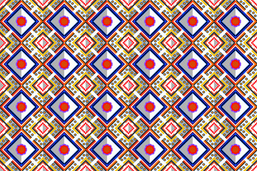 geometric fabric pattern yellows and oranges, blues, purples, reds, blacks, whites feature brightly 