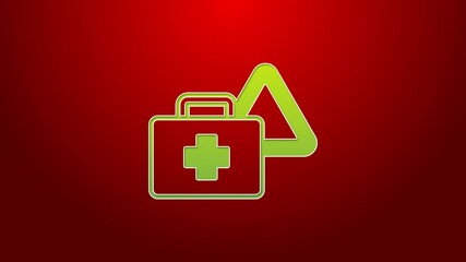 Poster - Green line First aid kit and warning triangle icon isolated on red background. Must be in the car. 4K Video motion graphic animation