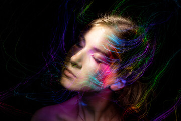 lightpainting portrait, new art direction, long exposure photo without photoshop, light drawing at long exposure	
