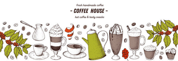 Wall Mural - Coffee drink hand drawn collection. Sketch graphic elements for menu design. Vintage vector illustration. Various coffee drinks set. Coffee cups, beans illustration.