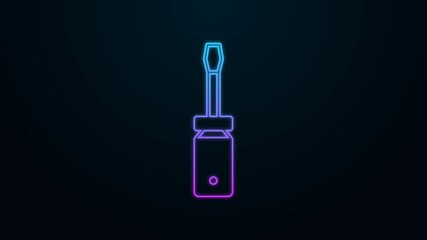 Sticker - Glowing neon line Screwdriver icon isolated on black background. Service tool symbol. 4K Video motion graphic animation