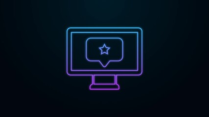 Sticker - Glowing neon line Monitor with star icon isolated on black background. Favorite, best rating, award symbol. 4K Video motion graphic animation