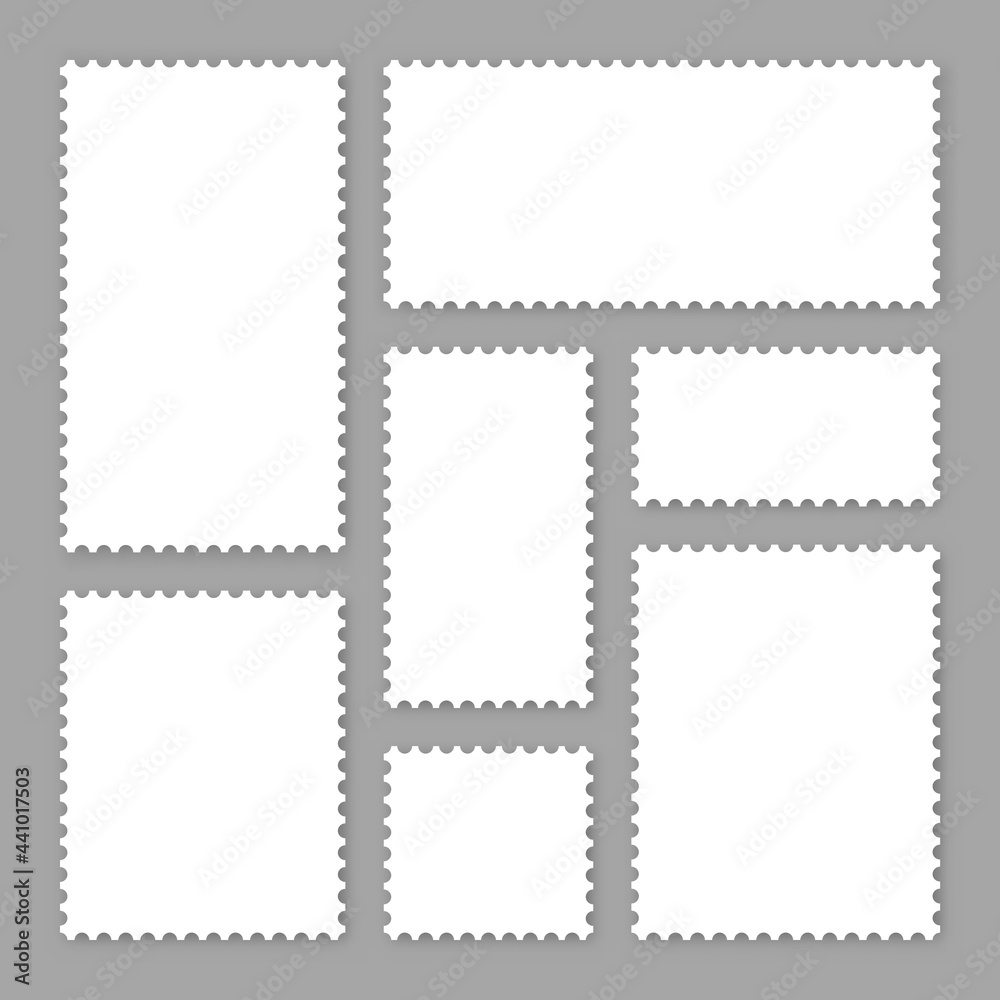 Blank white postage stamps collection. Sticky paper stamp. Vector illustration. - obrazy, fototapety, plakaty 