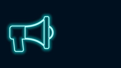 Sticker - Glowing neon line Megaphone icon isolated on black background. Speaker sign. 4K Video motion graphic animation