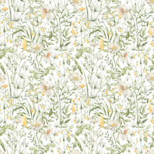 Watercolor Seamless Pattern With Wild Flowers In White And Yellow Colors. Meadow Wild Flower And Foliage, Leaf, Plants. Spring Garden. Floral Background For Wallpaper, Paper, Textile, Package