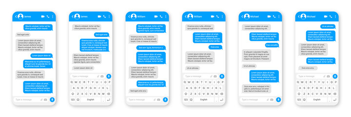 Messaging app design, user interface. SMS text frame. Conversation chat screen with blue message bubbles and placeholder text. Social media application. Vector illustration.
