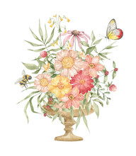 Watercolor Composition With Flower Bouquet In Antique Vase And Butterflies. Aesthetic Element Of Summer Garden. Floral Decoration, Insect, Botanical Elements. Delicate, Romantic, Vintage Botanical Art