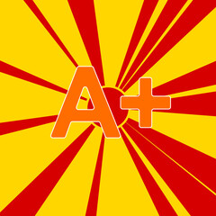Poster - A plus symbol on a background of red flash explosion radial lines. The large orange symbol is located in the center of the sun, symbolizing the sunrise. Vector illustration on yellow background