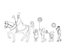 A Group Of Children Makes A Torchlight Procession To The Saint Martin's Feast. A Horseman With A Big Coat Rides Ahead. Vector Of The Outer Lines.