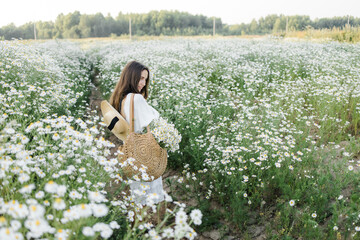 Wall Mural - portrait of a beautiful young Caucasian woman on a chamomile field in a picturesque valley. a young lady in a white cotton dress and a straw hat. holds a bouquet of daisies. 