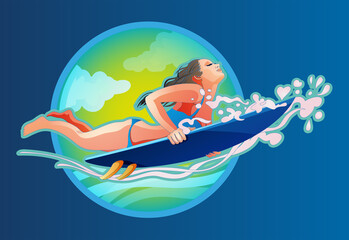 Surfing girl on the surf board catching waves in the sea.A girl with a surfboard dives under a wave. Vector stylish icon in a flat style on the theme of surfing