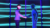 Fototapeta  - Close up Man wear virtual glasses is shaking hand with hologram graphic in cyberspace area  , futuristic communication scifi concept. 3D rendering picture.
