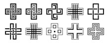 Set Of 10 Abstract Cross Shapes Geometric Icons, Signs In Flat Style. Isolated On White Background. Vector Monochrome Illustration.