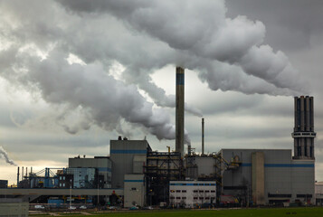 An industrial plant with chimneys from which thick smoke comes out into a cloudy sky. Environmental pollution by industry.