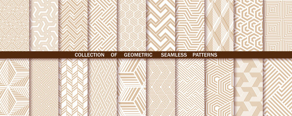 Geometric set of seamless gold and white patterns. Simple vector graphics