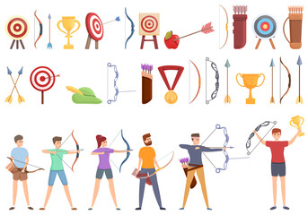 Poster - Archery competition icons set. Cartoon set of archery competition vector icons for web design