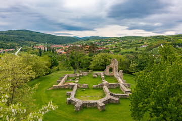 Wall Mural - Mecseknadasd, Hungary - Aerial view about Schlossberg church ruins surrounded by forest.