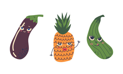 Canvas Print - Cute Cartoon Smiling Fruit and Vegetable Character with Hands Vector Set