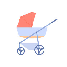 Flat Baby Carriage Color Icon. Newborn Care Element Design. Modern Outdoor Walking Stroller Vector Illustration.