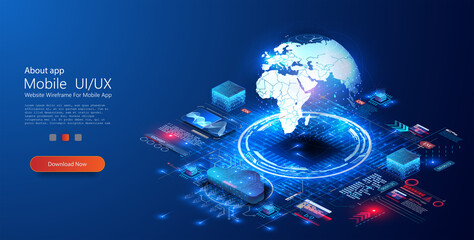 Fototapete - world wide web via wireless satellite network technology. big data, cloud storage, global data techn