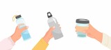 Fototapeta Dinusie - Reusable container for liquids. Various poses of hands holding a bottle, tumbler, sports water bottle. Use your own bottle. Vector, flat illustration.