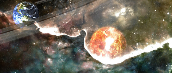 Wall Mural - somewhere in extreme deep space far galaxies and habitable exoplanets with rings. 3d rendered backgr