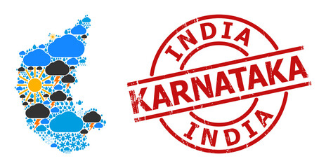 Wall Mural - Climate pattern map of Karnataka State, and grunge red round seal. Geographic vector composition map of Karnataka State is designed from randomized rain, cloud, sun, thunderstorm.