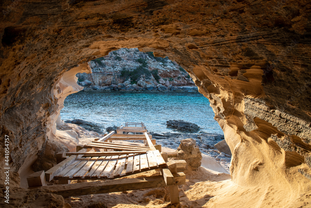 Beautiful Cala en Baster on the island of Formentera in the Balearic Islands in Spain - obrazy, fototapety, plakaty 