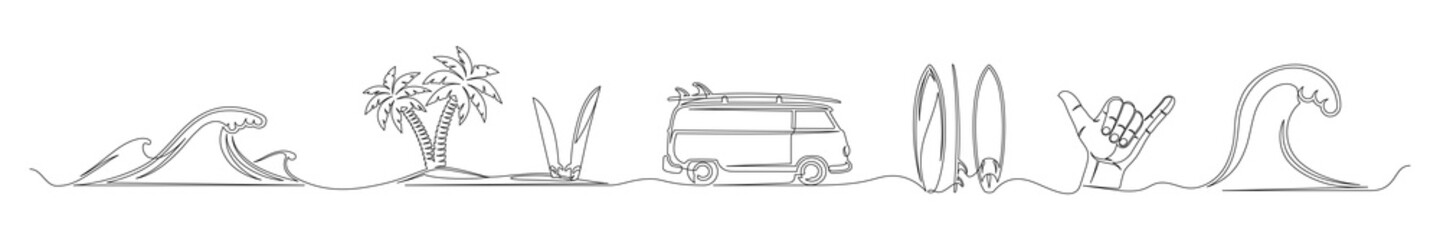 set of continuous one line drawing of a surfing theme. one line of waves, palm trees, surfboards, ca
