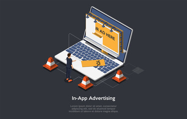Poster - In-App Advertising Conceptual Design. Adverts Inside Programs, Mobile Applications, Websites. Isometric Vector Illustration, Cartoon 3D Style. Laptop, Billboard On Screen, Character Standing, Objects.