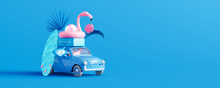 Blue Car With Luggage And Beach Accessories On Blue Background. Summer Travel Concept 3D Render 3D Illustration