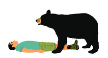 Man Lies On The Ground And Pretends To Be Dead To Protect Himself From Bear Attacks Vector Illustration Isolated On White Background. Outdoor Nature Risk Situation, Boy Lying Down Against Angry Beast.