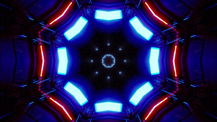 3D rendering of cool futuristic kaleidoscope patterns in blue, red, and black vibrant colors