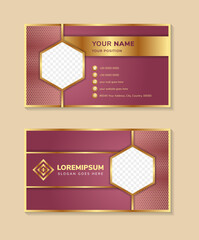 Poster - Business card design with gold and pale pink geometric shapes. Vector modern customizable business card. Easy to customize with your own text. hexagon pattern on horizontal layout identity card. 
