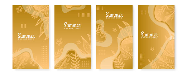 Wall Mural - Summer background with flowers and tropical summer leaf. Luxury minimal style wallpaper with golden line art flower and botanical leaves, Organic shapes. Summer sale banner vector