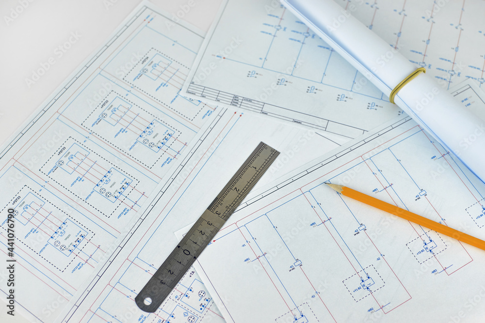 Electrical Design Ruler ภาพถ่าย Stock Printed electrical diagrams, top view. Construction ...