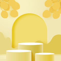 Poster - 3d Paper cut abstract minimal geometric shape template background.Three cylinder podiums on yellow color scheme scene.Vector illustration.