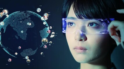 Aufkleber - スマートグラスで立体映像の地球を見る女性　グローバルネットワーク 