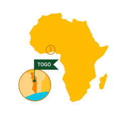 Togo on an Africa s map with word Togo on a flag-shaped marker. Vector isolated on white.