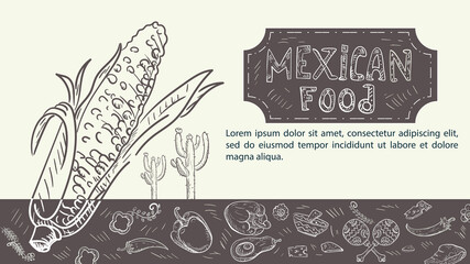 illustration sketch hand drawn for a design on the theme of Mexican food Corn maize tortilla taco maracas