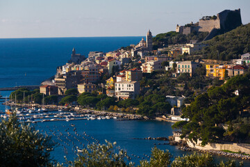 Wall Mural - Colorful Portovenere on coastline of La Spezia in Italy outdoors.