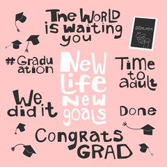 Graduation, quotes, achievement, education, celebrating, goals, new life, congratulations, students, cap, school, university, study, college. Vector illustration. Poster, print, sticker, card design. 