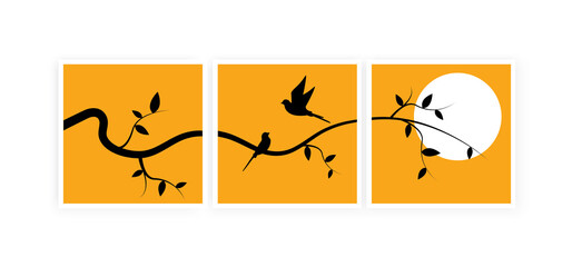 Wall Mural - Birds on branch and flying bird silhouette on sunset, vector. Scandinavian minimalism art design. Birds illustration isolated on yellow background. Wall art, artwork, poster design. Freedom concept