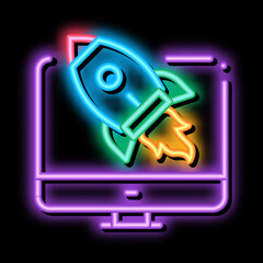 Poster - rocket computer control neon light sign vector. Glowing bright icon rocket computer control sign. transparent symbol illustration