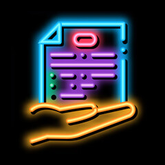Poster - document in hand neon light sign vector. Glowing bright icon document in hand sign. transparent symbol illustration