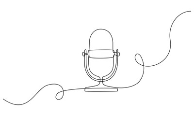 Continuous one line drawing of podcast microphone. Vintage mike in simple linear style for banner of music, webinar, online training speech. Editable stroke. Vector illustration